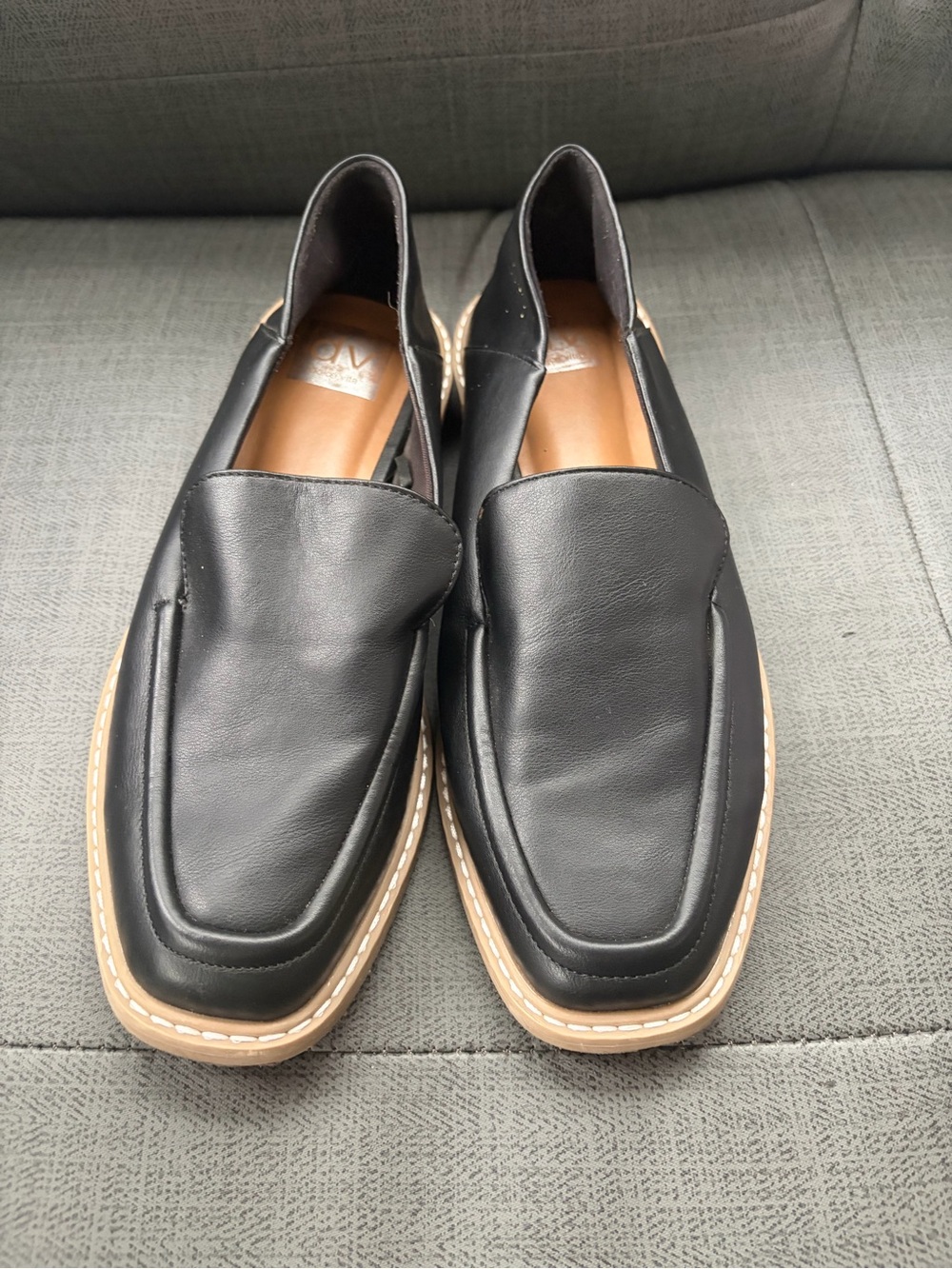 DV by Dolce Vita Black Leather Slip-On Loafers with Tan Trim